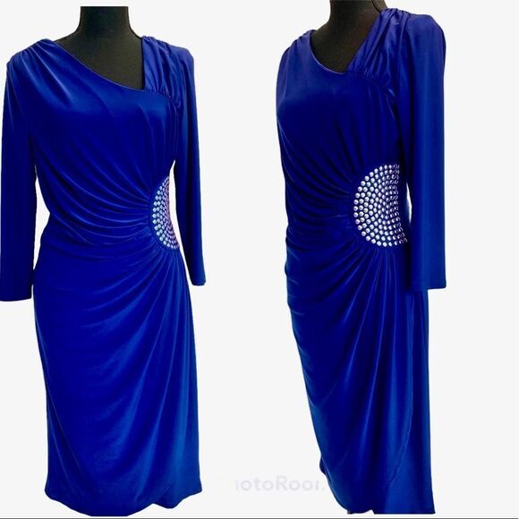 Frank Lyman royal cobalt blue ruched evening cocktail dress embellished Sz 10 - Picture 1 of 11